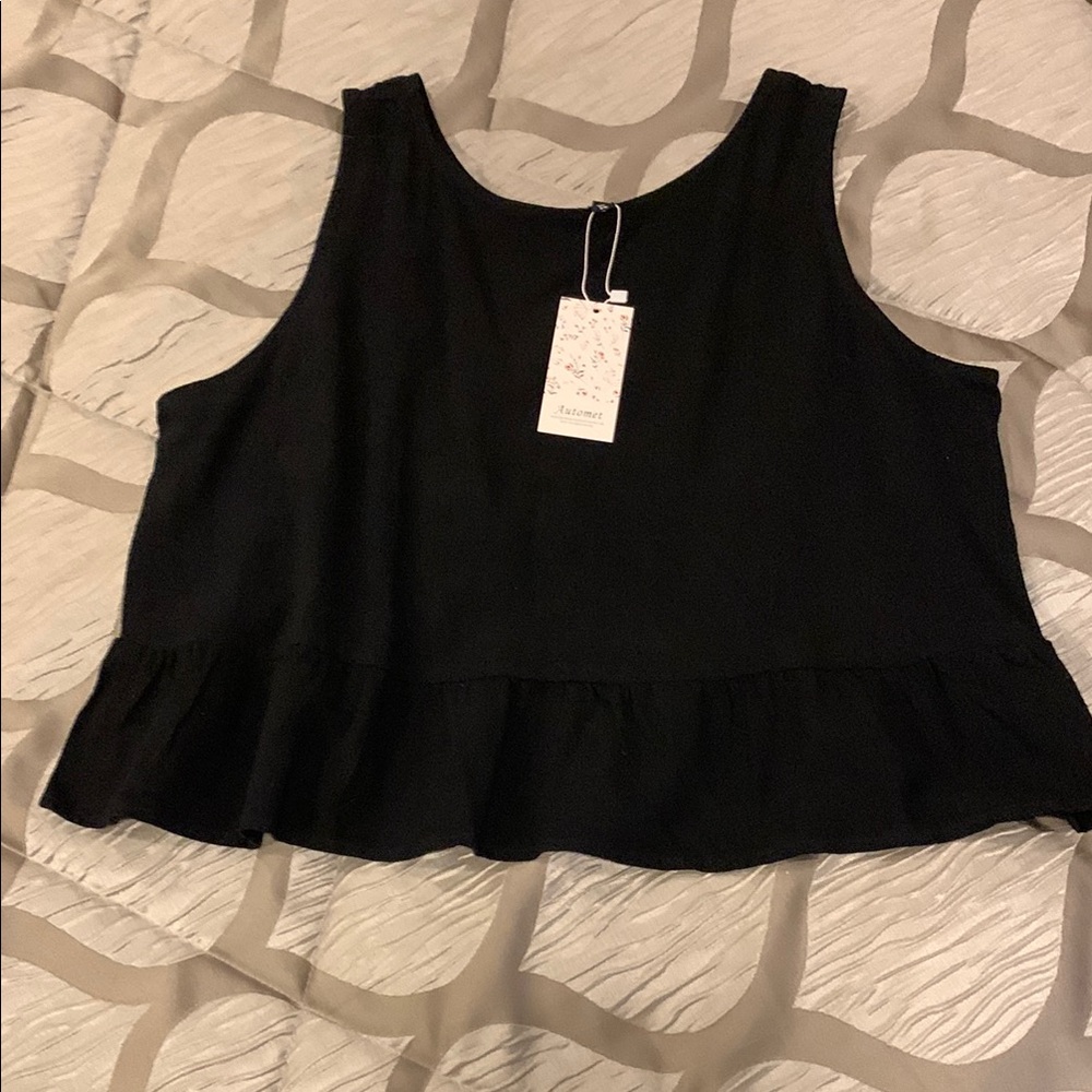 Black Linen Blend Sleeveless Crop Peplum Top (Size XL) Minimalist